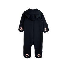 Load image into Gallery viewer, Mini Rodini black hooded baby onesie with embroidered cat face motif on the chest from the new AW24 collection &#39;Agatha&#39;
