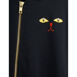 Mini Rodini black hooded baby onesie with embroidered cat face motif on the chest from the new AW24 collection 'Agatha'