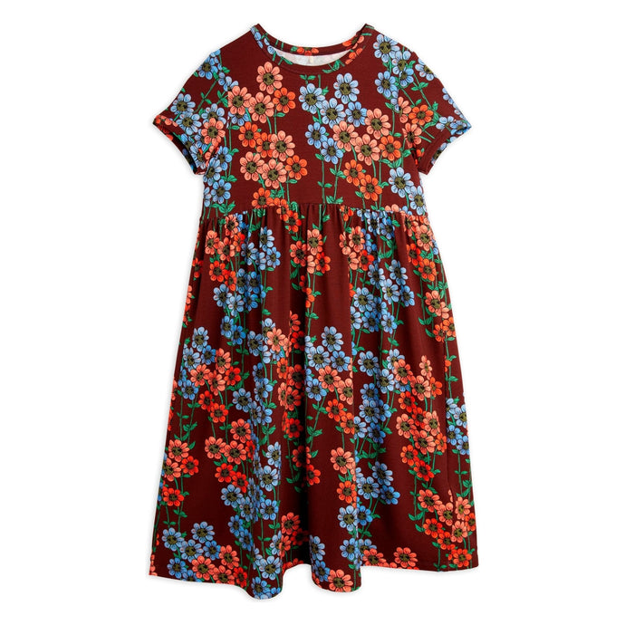 Mini Rodini burgundy dress with all over red and blue daisy print from the new AW24 collection 'Agatha'