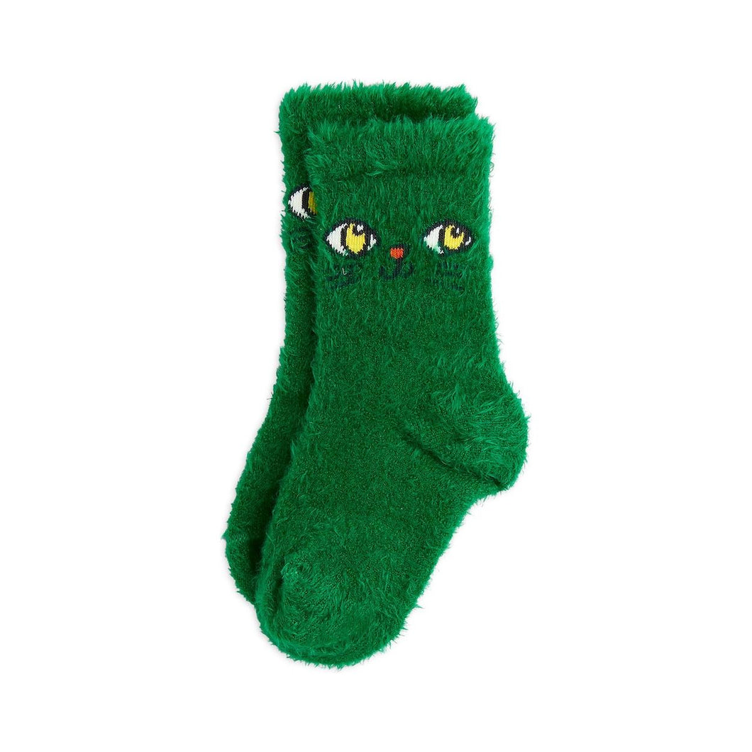 Mini Rodini fluffy green socks with cat face embroidery from the new AW24 collection 'Agatha'