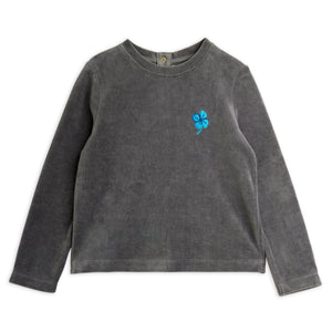 Mini Rodini grey velour long-sleeve shirt with a blue four-leaf clover embroidery