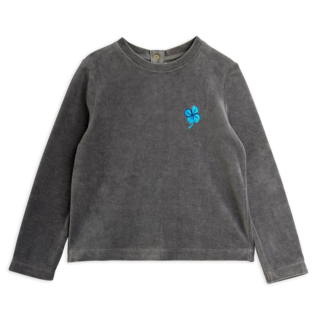 Mini Rodini grey velour long-sleeve shirt with a blue four-leaf clover embroidery