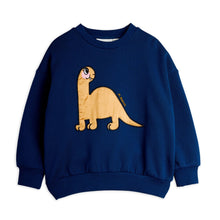 Load image into Gallery viewer, Mini Rodini navy blue sweatshirt with satin dinosaur application in light brown
