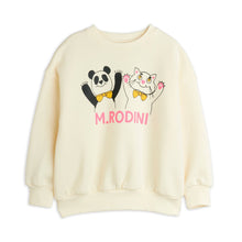 Load image into Gallery viewer, Mini Rodini cream sweatshirt with cartoon panda and cat design and &#39;M.Rodini&#39; pink branding
