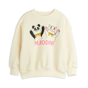Mini Rodini cream sweatshirt with cartoon panda and cat design and 'M.Rodini' pink branding