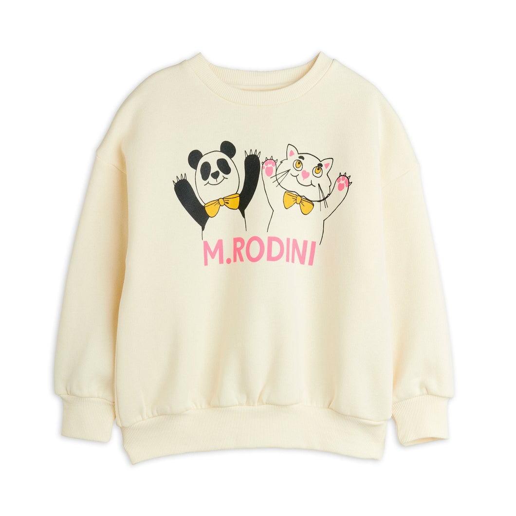 Mini Rodini cream sweatshirt with cartoon panda and cat design and 'M.Rodini' pink branding