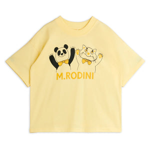 Mini Rodini Yellow t-shirt with cartoon panda and cat print and 'M.Rodini' logo in yellow