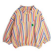 Load image into Gallery viewer, Mini Rodini striped sweatshirt in red, yellow and blue with half zip and embroidered four leaf clover
