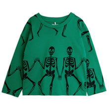 Load image into Gallery viewer, Mini Rodini Green long-sleeve shirt with black skeleton print 
