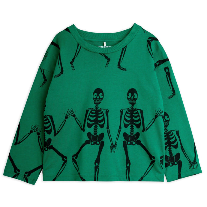 Mini Rodini Green long-sleeve shirt with black skeleton print 