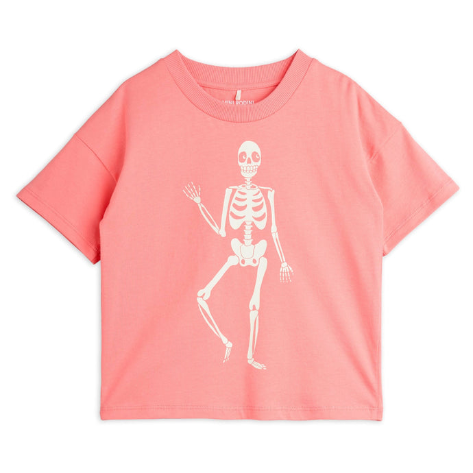 Mini Rodini Pink t-shirt with a white skeleton print