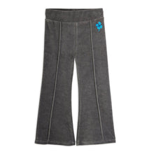 Load image into Gallery viewer, Mini Rodini grey flared pants with a blue flower design 
