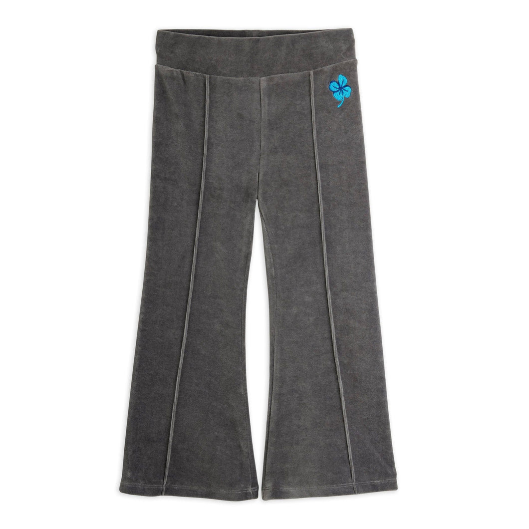 Mini Rodini grey flared pants with a blue flower design 