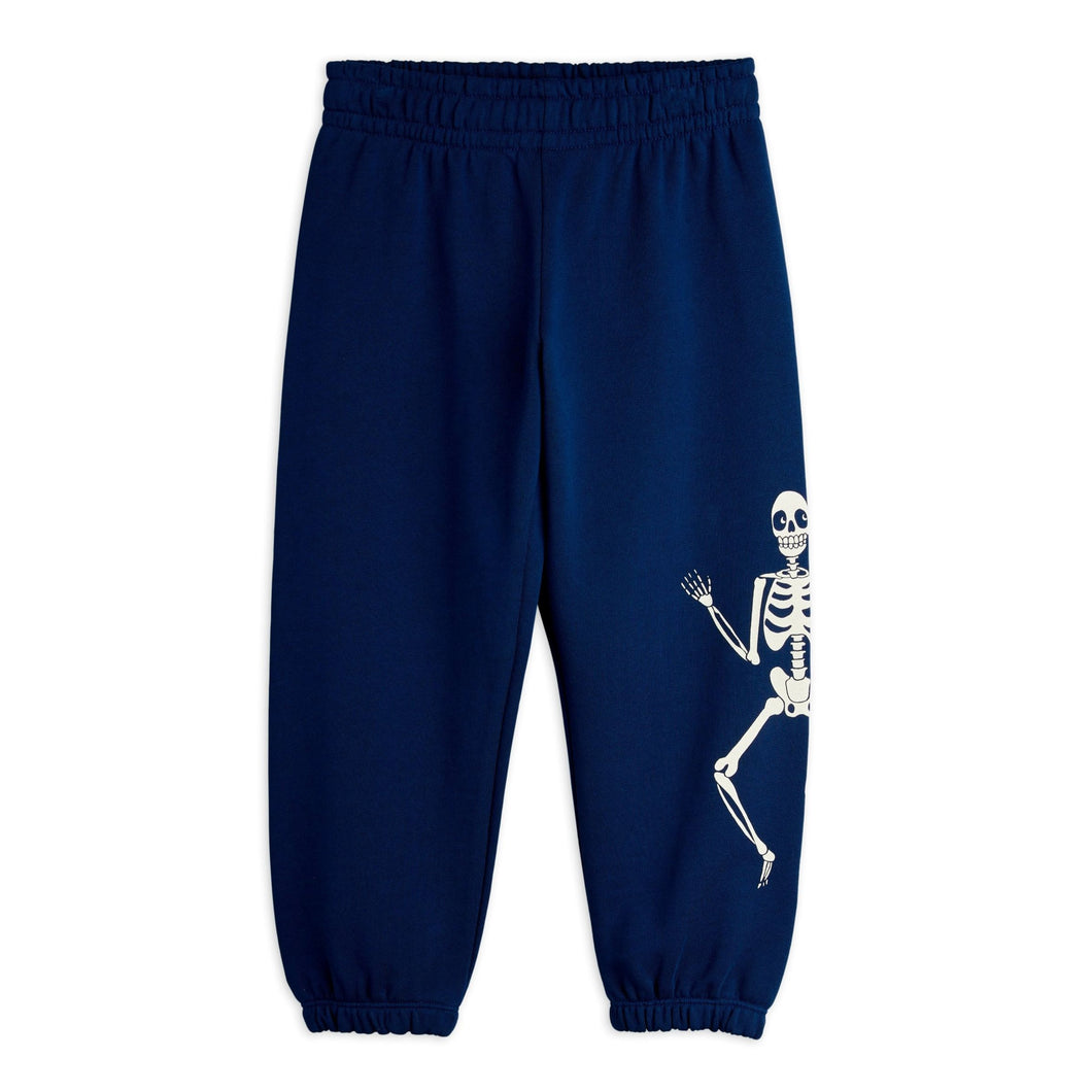 Mini Rodini Navy blue sweatpants with a white skeleton print
