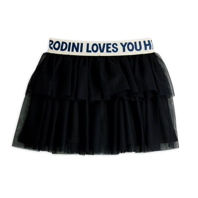 Mini Rodini Black tiered tulle skirt with 'Rodini Loves You' waistband 