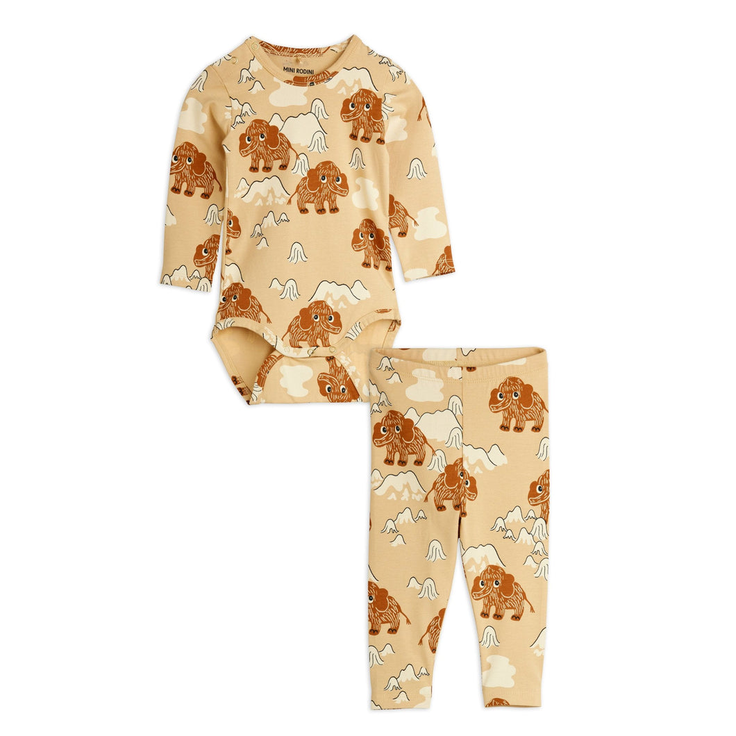 Mini Rodini baby romper and leggings set in soft grown with all over mammoth print