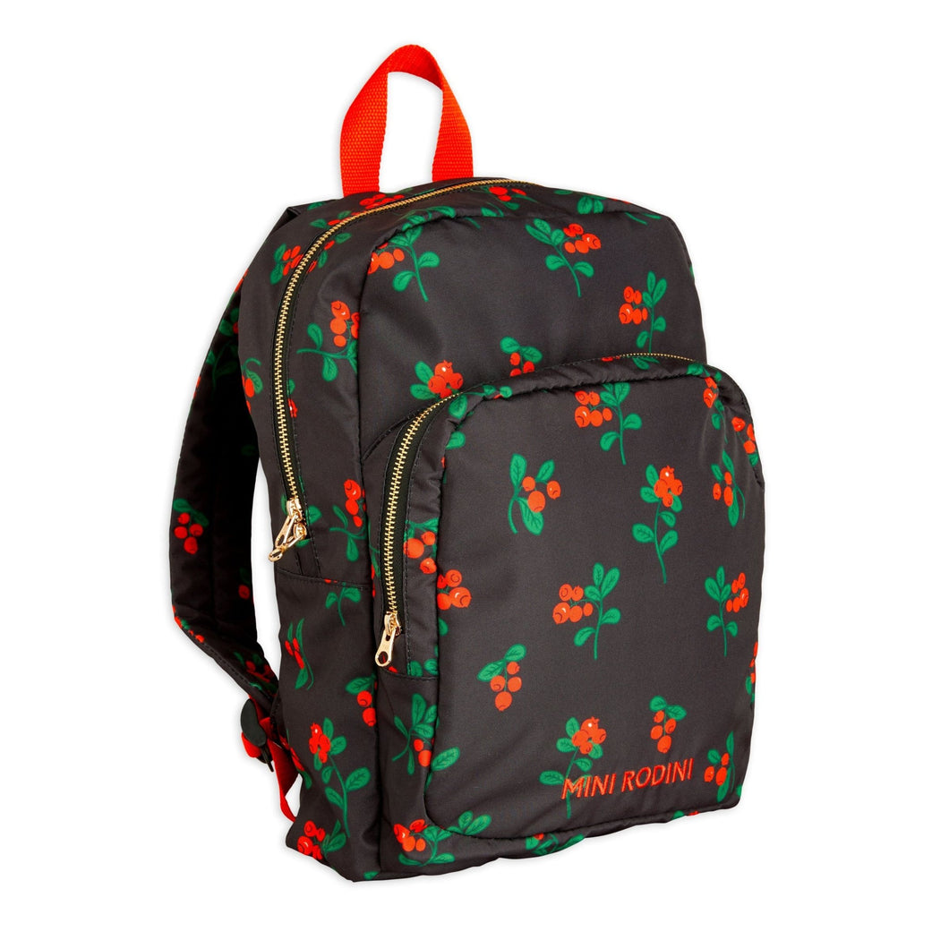 Mini Rodini Black backpack with red and green floral pattern 