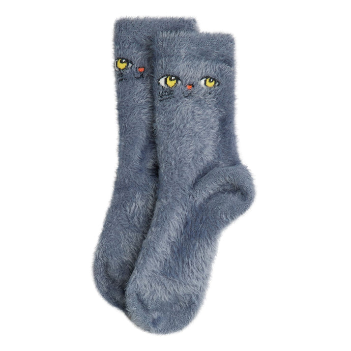 Mini Rodini Pair of grey fuzzy socks with cat face design 