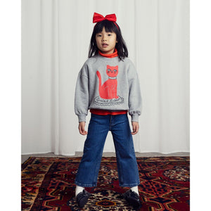 Mini Rodini grey melange sweatshirt with red cat print on the front and backn from the new AW24 collection 'Agatha'