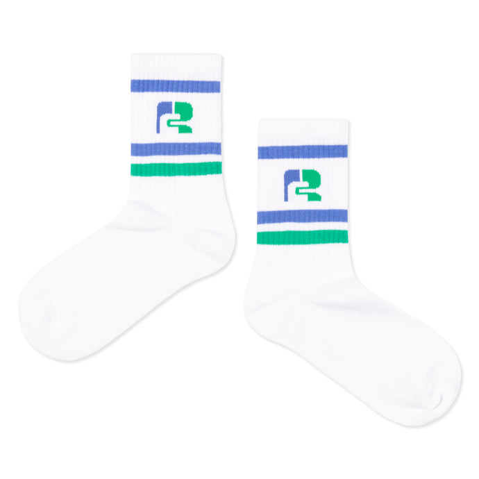 Repose AMS - White sports socks with blue and green logo design