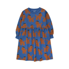 Load image into Gallery viewer, Tinycottons blue long sleeve dress with all over brown poodle print
