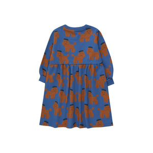 Tinycottons blue long sleeve dress with all over brown poodle print