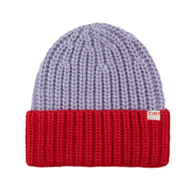 Load image into Gallery viewer, Tinycottons lilac and red colour block knitted beanie hat
