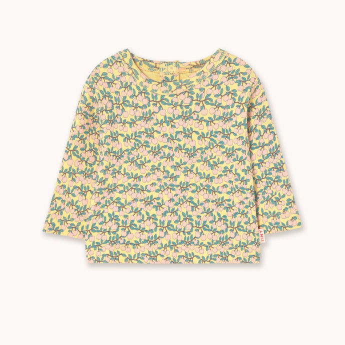 Tinycottons Yellow long-sleeve baby t-shirt with mini apple branch print in pink and green
