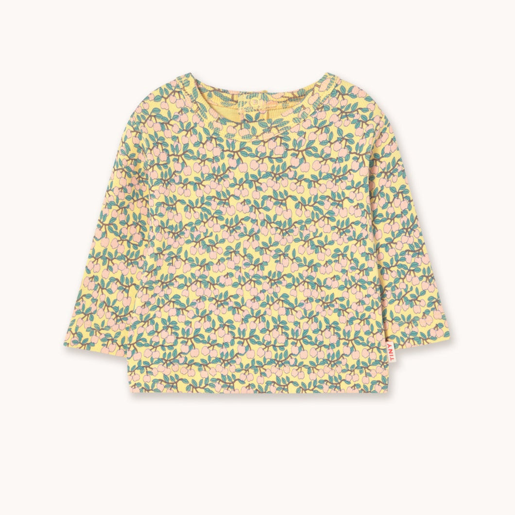 Tinycottons Yellow long-sleeve baby t-shirt with mini apple branch print in pink and green