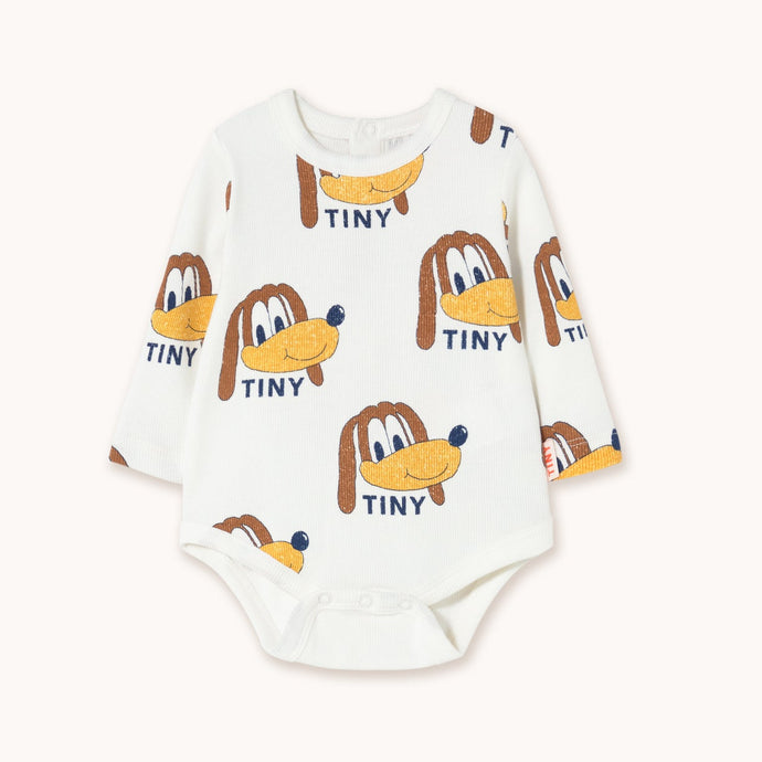 Tinycottons Baby bodysuit in white with cartoon character dog print in brown and 'TINY' text 