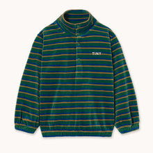 Load image into Gallery viewer, Tinycottons Green and blue striped velour sweatshirt with &#39;TINY&#39; logo and button up front

