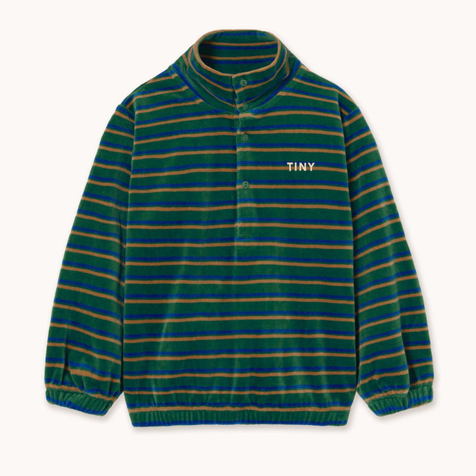 Tinycottons Green and blue striped velour sweatshirt with 'TINY' logo and button up front