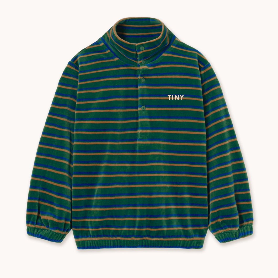 Tinycottons Green and blue striped velour sweatshirt with 'TINY' logo and button up front