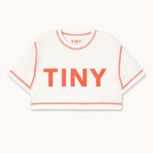 Load image into Gallery viewer, Tinycottons White cropped t-shirt with &#39;TINY&#39; printed in red 
