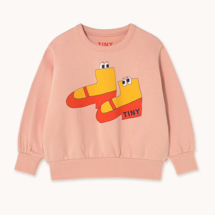 Tinycottons Pink sweatshirt with cartoon shoes in red and yellow and 'TINY' logo