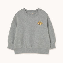 Load image into Gallery viewer, Tinycottons grey sweatshirt with TINY diamond logo on the front and back in black and yellow

