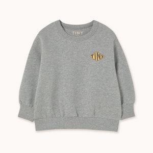 Tinycottons grey sweatshirt with TINY diamond logo on the front and back in black and yellow