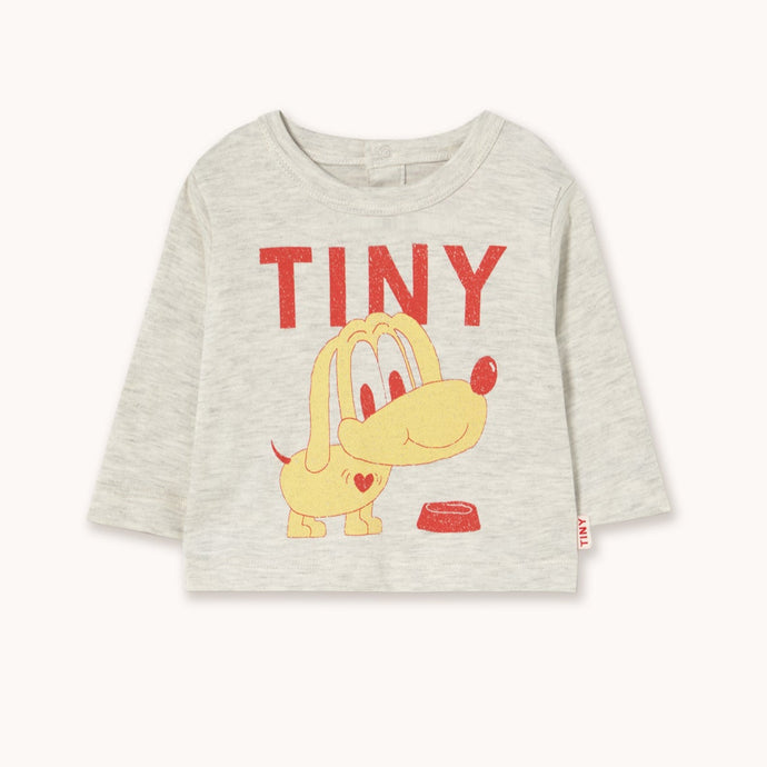 Tinycottons  long-sleeve baby t-shirt in grey with cartoon puppy print. in yellow and 'TINY' text