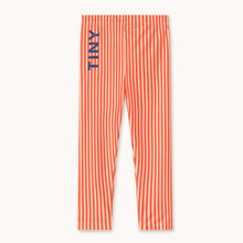 Load image into Gallery viewer, Tinycottons Red and white striped shiny leggings with &#39;TINY&#39;logo in blue

