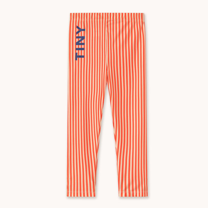 Tinycottons Red and white striped shiny leggings with 'TINY'logo in blue