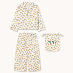 Tinycottons white long sleeve pyjamas with all over cartoon dog print in drawstring bag