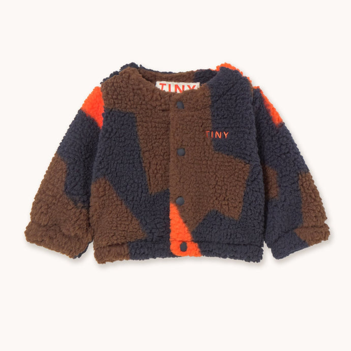 Tinycottons abstract pattern baby sherpa jacket in orange, brown and navy blue