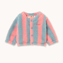 Load image into Gallery viewer, Tinycottons pink and blue striped baby sherpa jacket with button up front.
