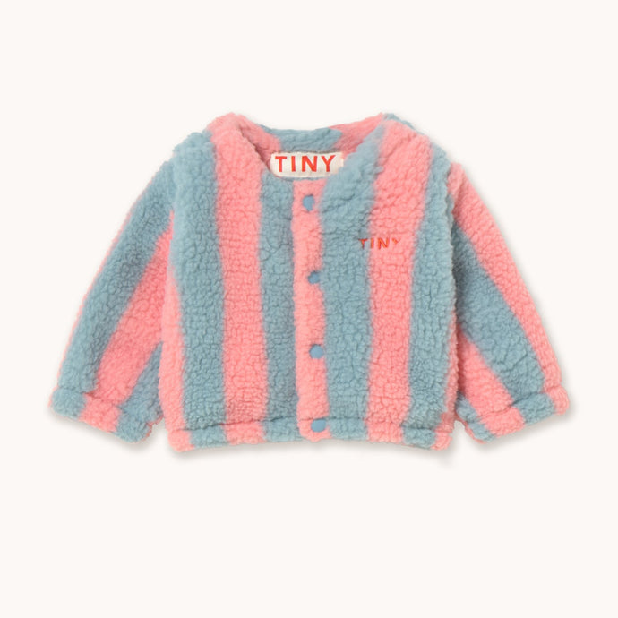 Tinycottons pink and blue striped baby sherpa jacket with button up front.