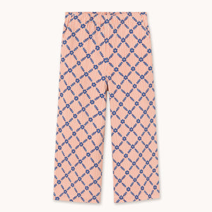 Tinycottons red stripe Pants with all over blue flower grid pattern