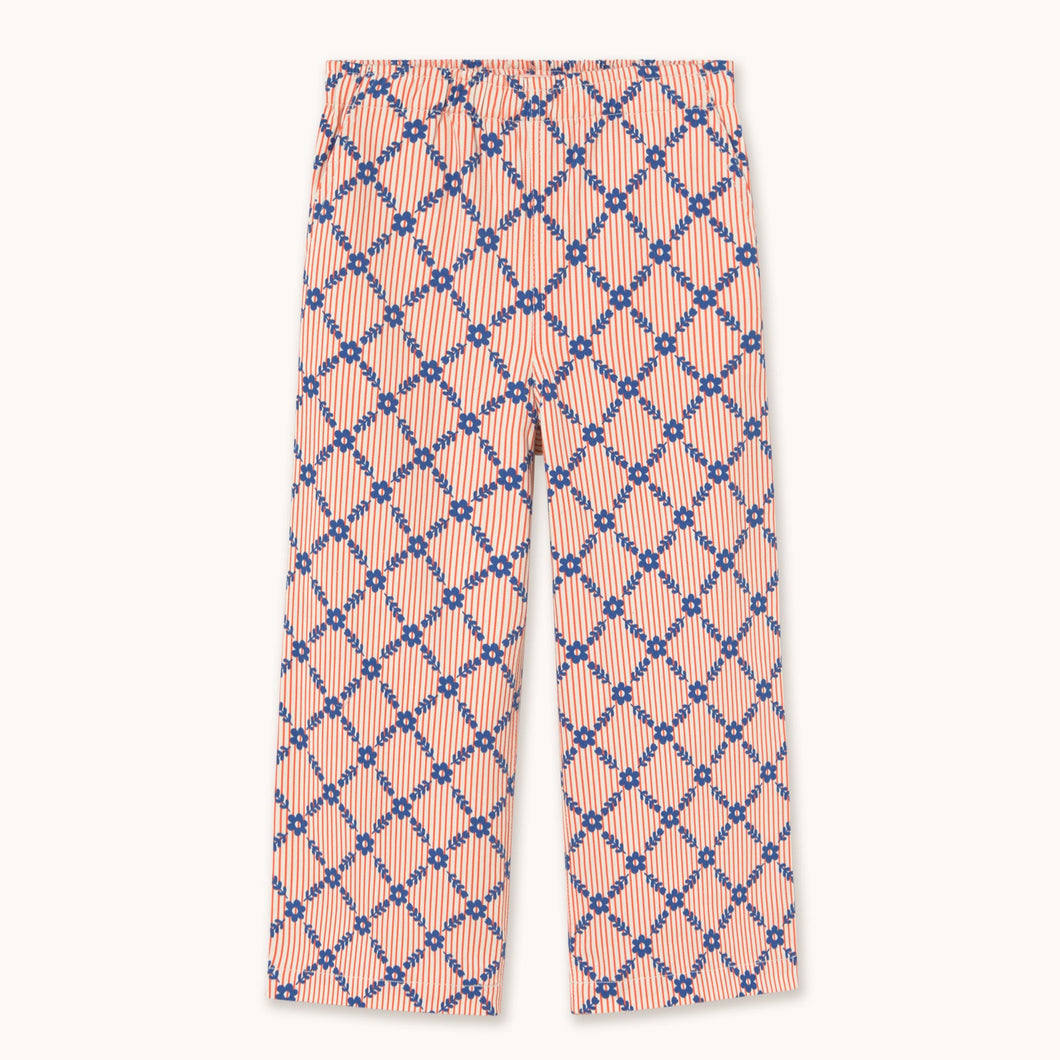 Tinycottons red stripe Pants with all over blue flower grid pattern
