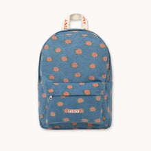 Load image into Gallery viewer, Tinycottons Blue denim backpack with all over orange flower design.
