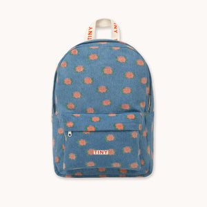 Tinycottons Blue denim backpack with all over orange flower design.