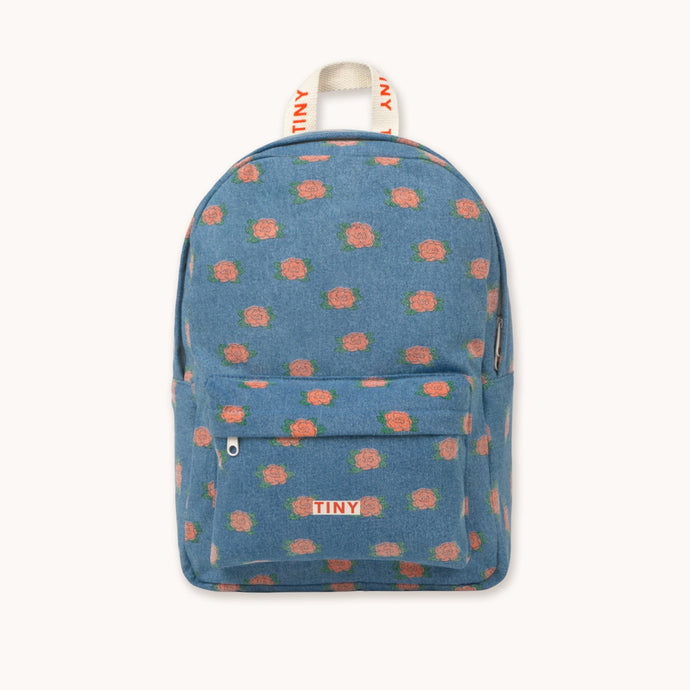 Tinycottons Blue denim backpack with all over orange flower design.
