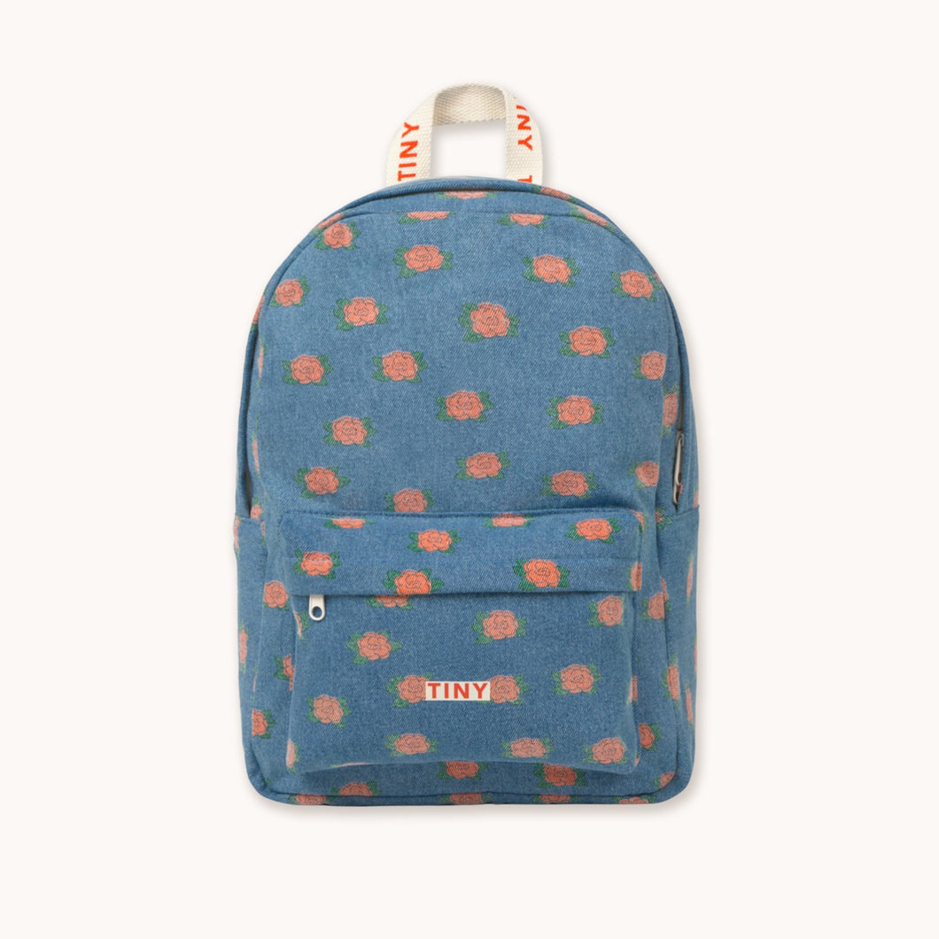 Tinycottons Blue denim backpack with all over orange flower design.